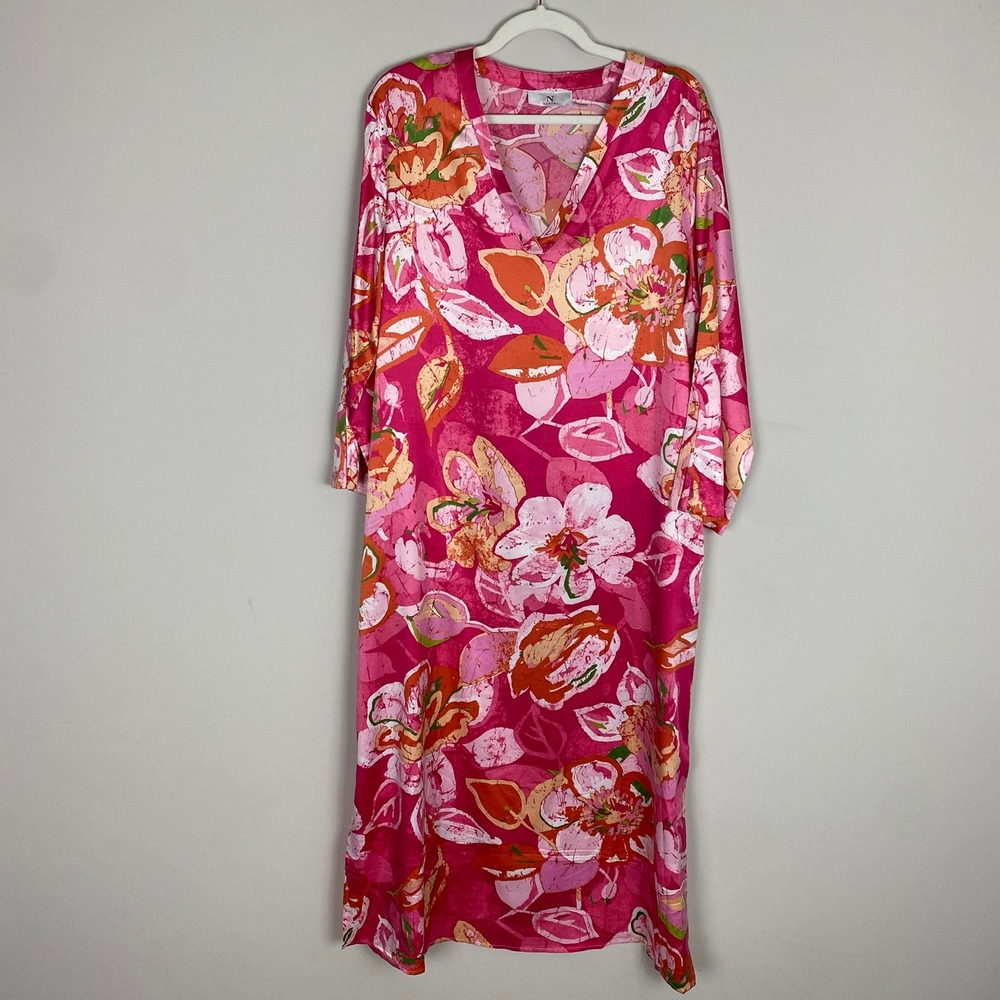 Natori Floral Kaftan Satin Dress Large Pink V Neck Long Sleeves Midi Tropical